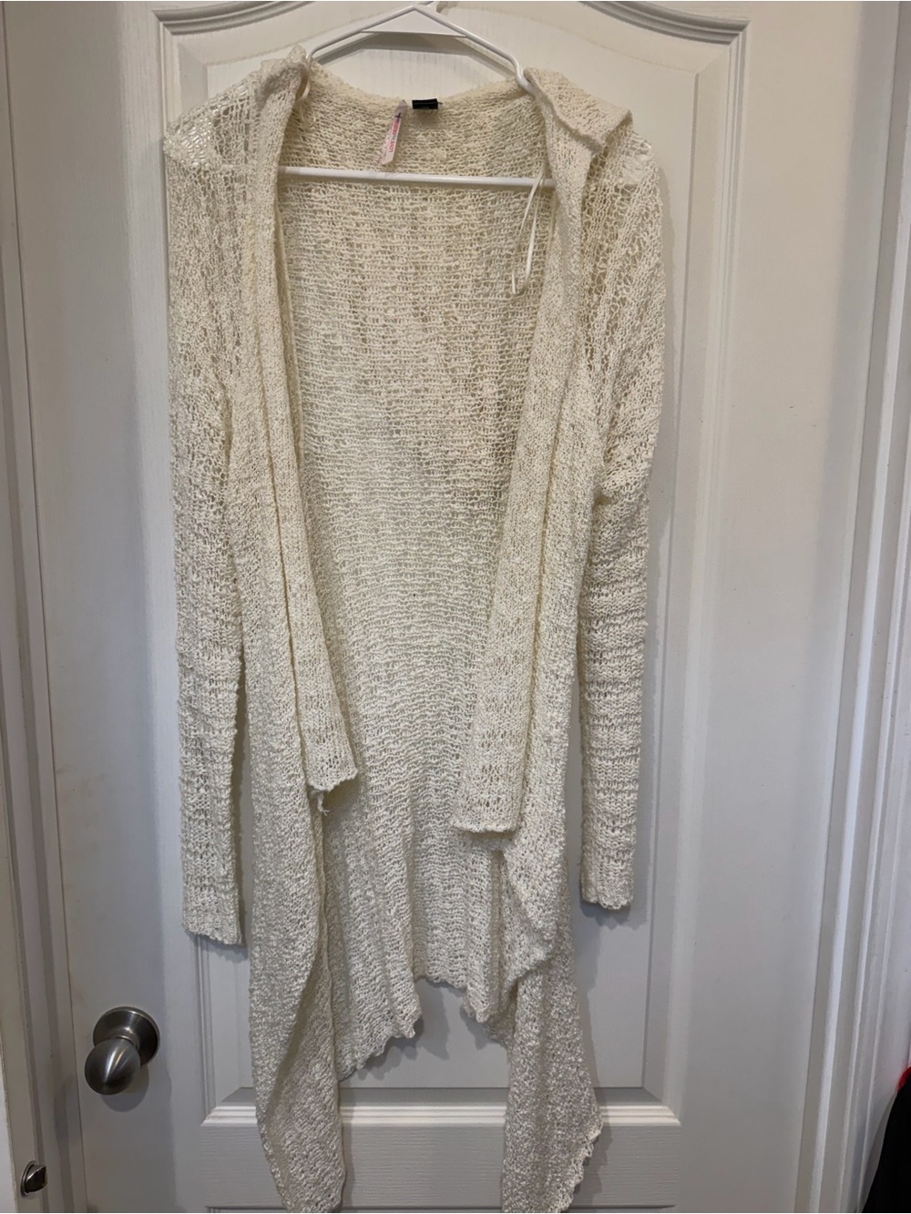 Love By Design Cardigan M Ivory Open Knit Hooded Waterfall Duster Boho Sweater